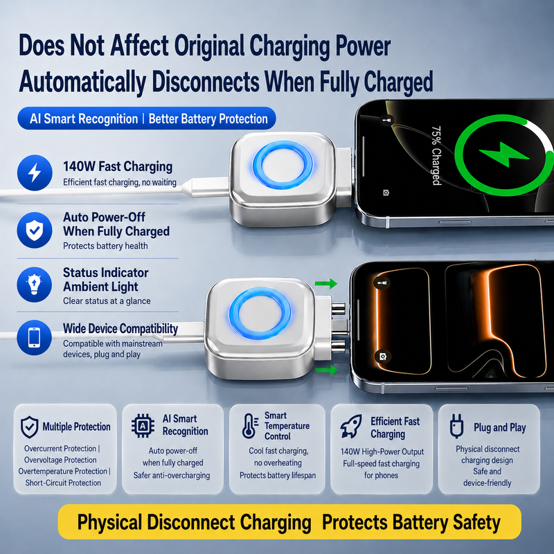 140W Fast Charging Adapter – Intelligent Auto Power-Off Hub with Overcharge Protection