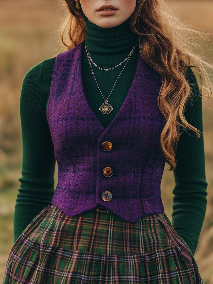 (clearance) Vintage Old-money Button Down Plaid Woolen Waistcoat