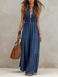 Retro Ruffle Neck Cotton And Linen Jumpsuit