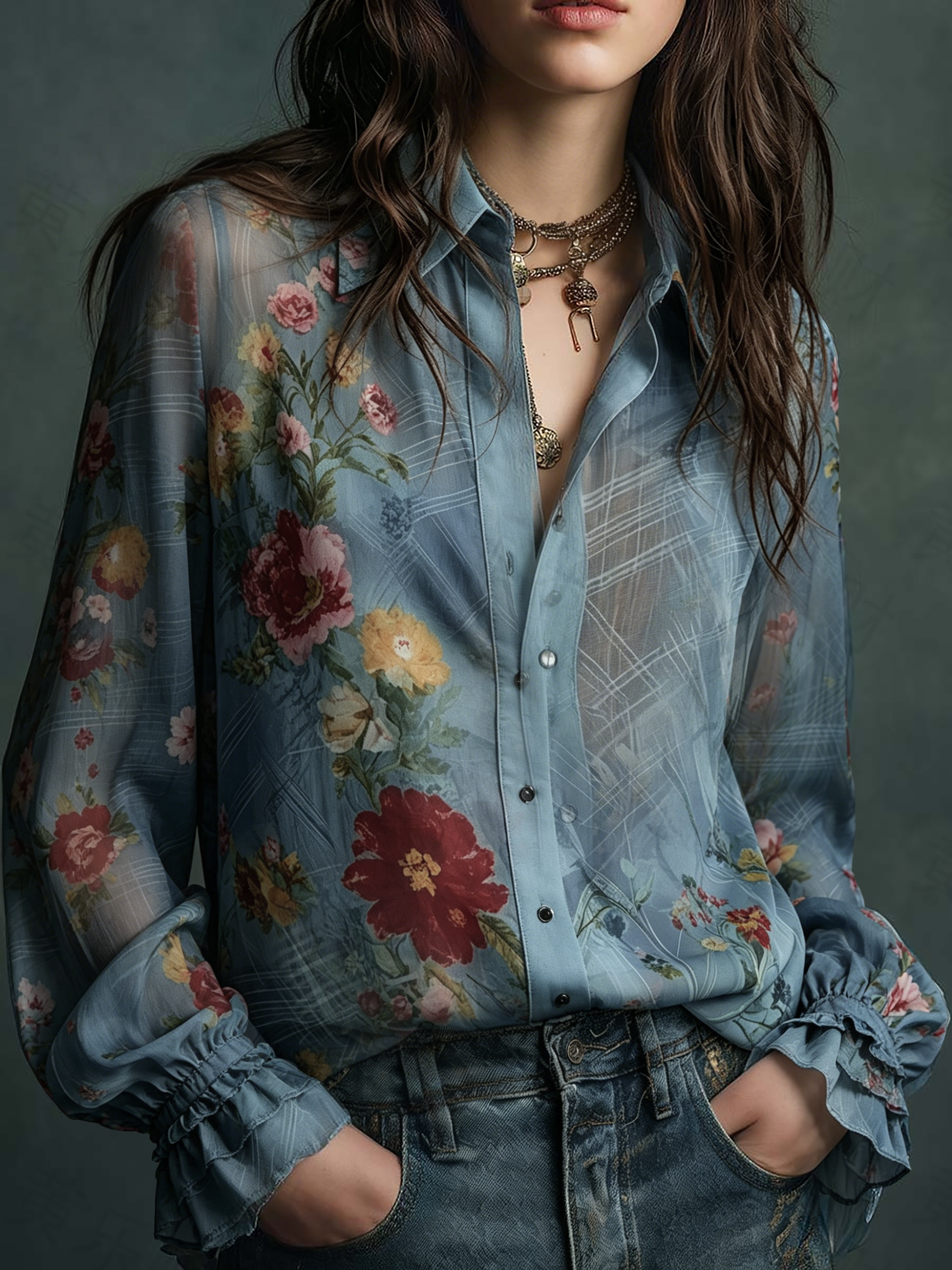 Vintage Boho Sheer Floral Button-Up Blouse