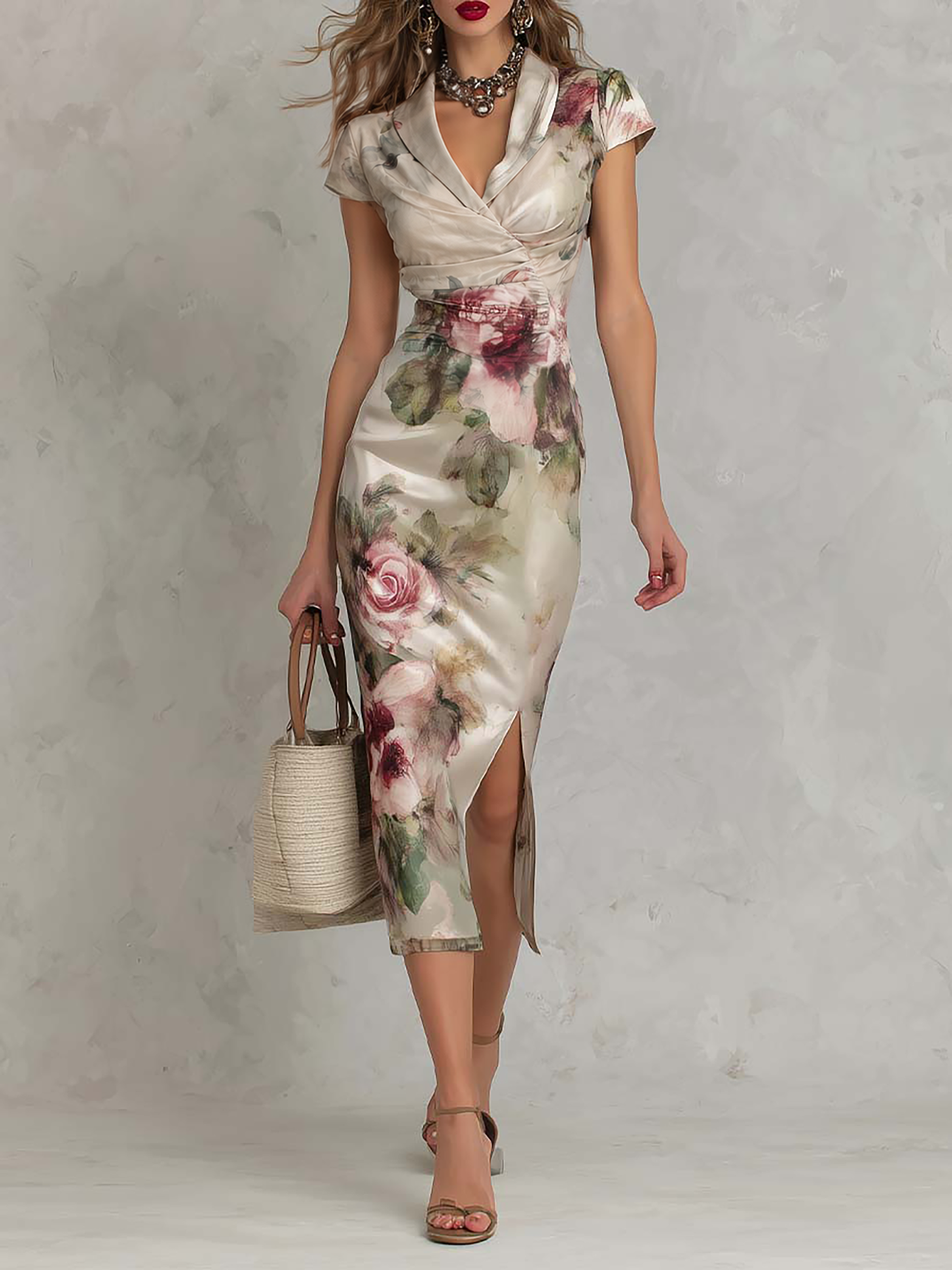 Satin Floral Print Ruched Midi Dress With Side Slit