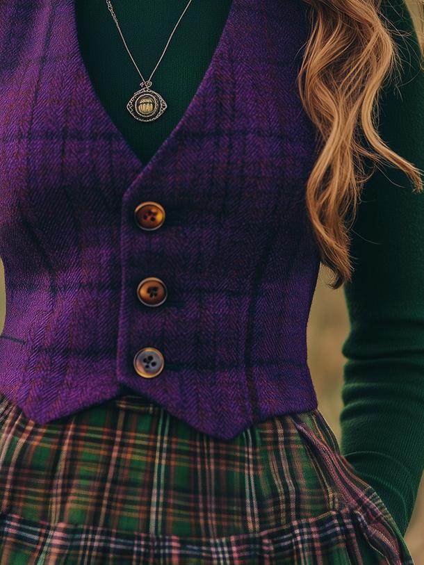 (clearance) Vintage Old-money Button Down Plaid Woolen Waistcoat