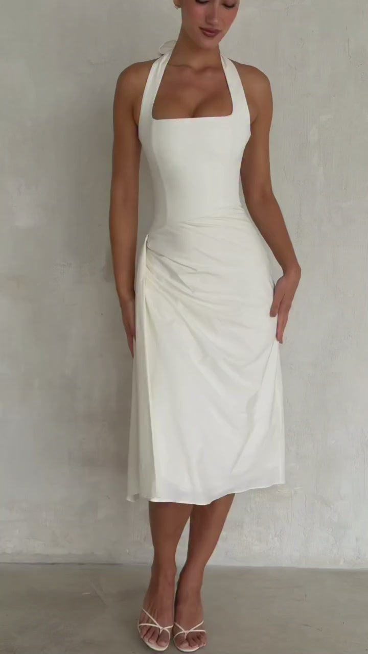 White Halter Neck Cotton Midi Dress