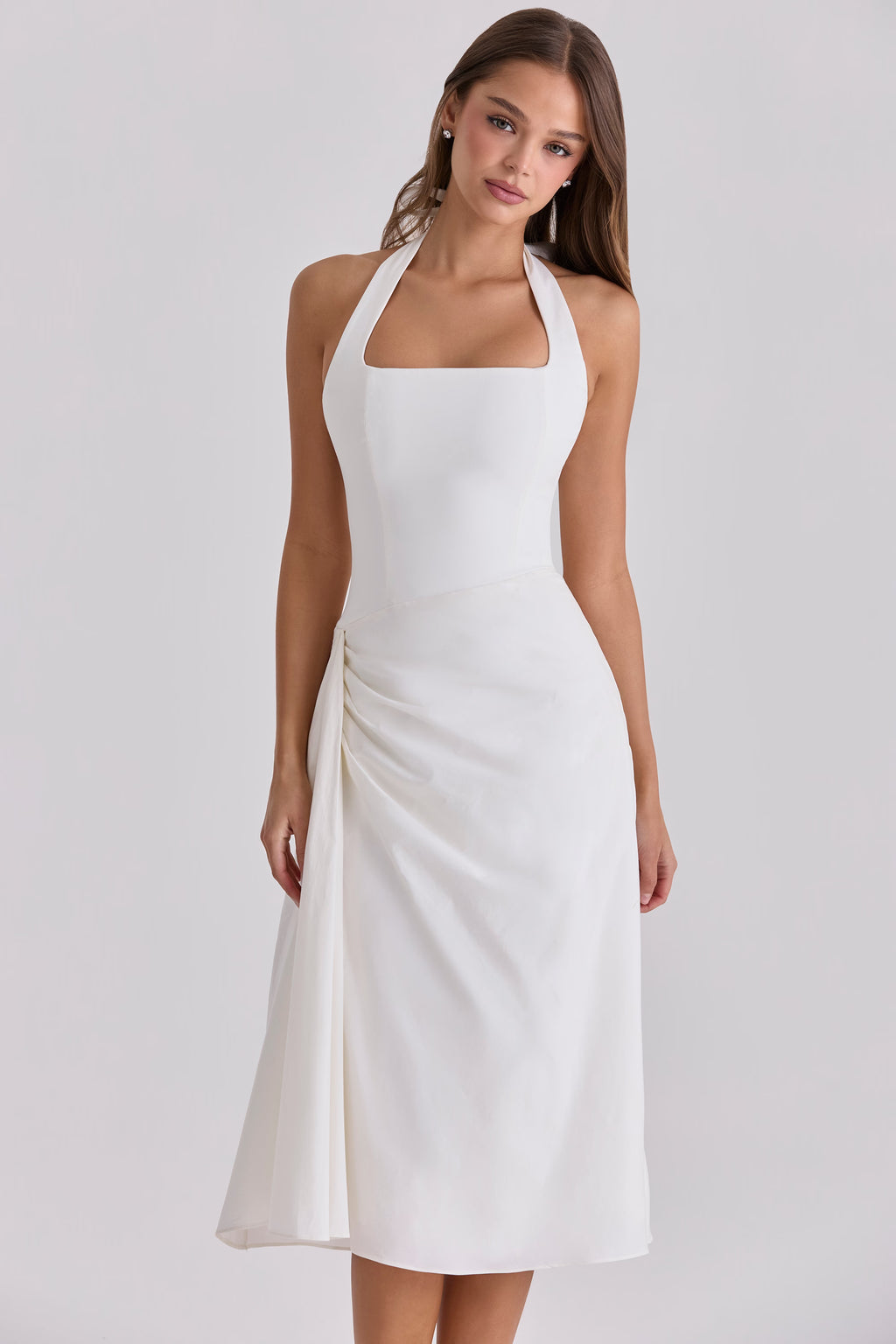 White Halter Neck Cotton Midi Dress