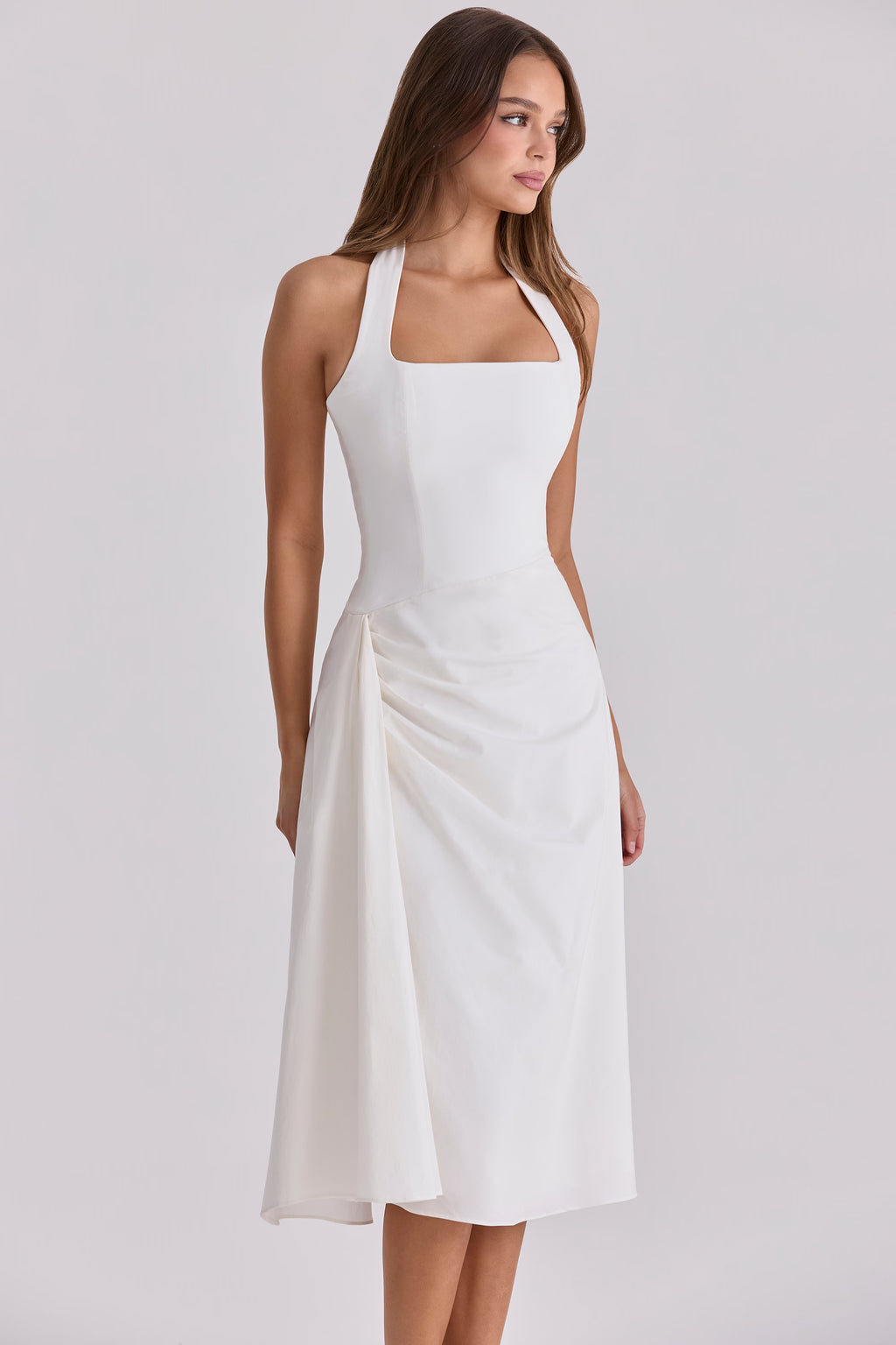 White Halter Neck Cotton Midi Dress