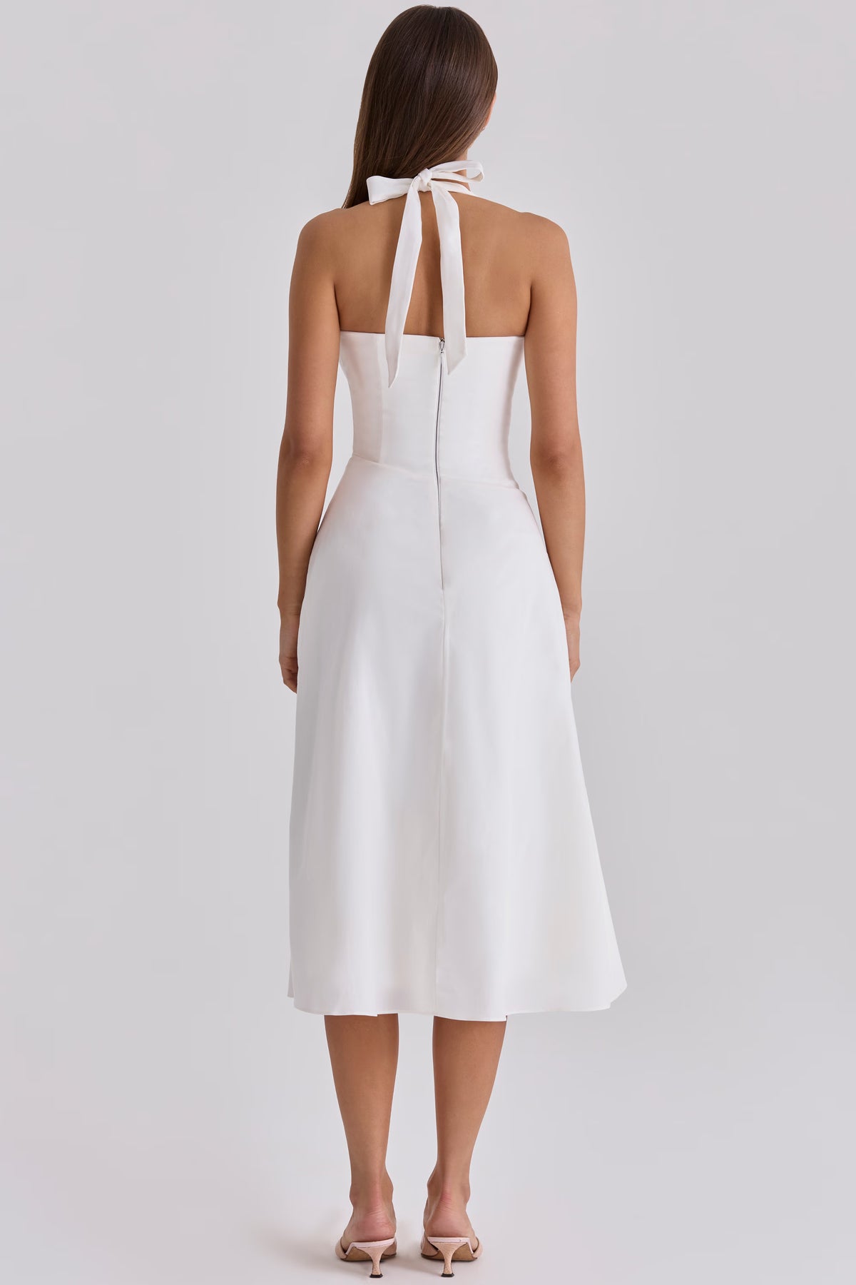 White Halter Neck Cotton Midi Dress