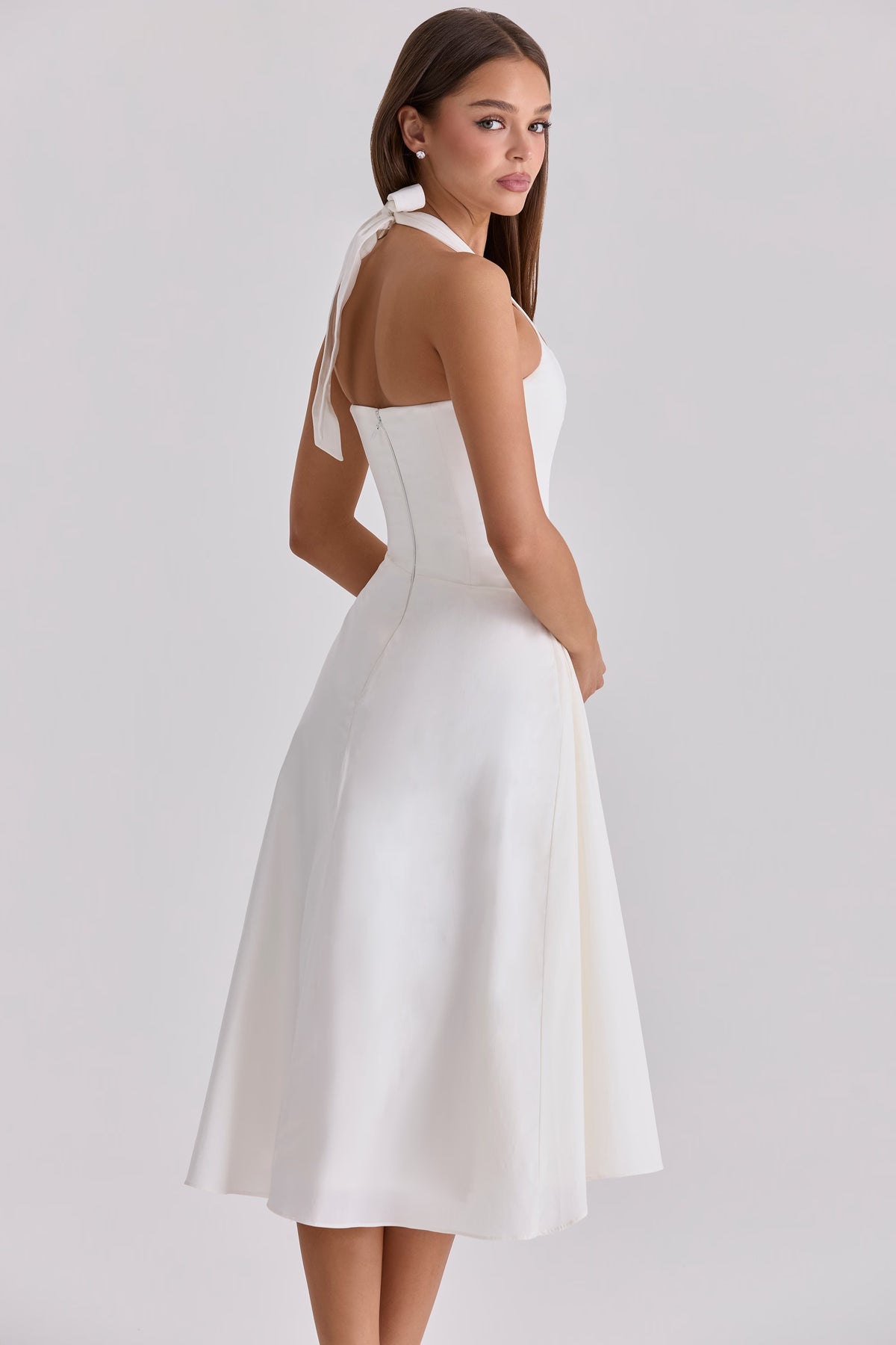 White Halter Neck Cotton Midi Dress