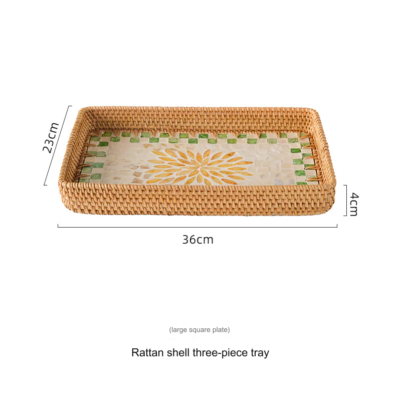 Natural Rattan Shell Tray Set - 3-Piece Square Fruit & Snack Storage