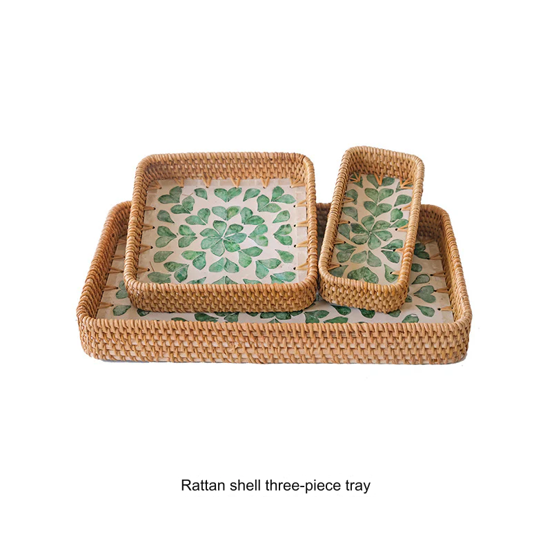 Natural Rattan Shell Tray Set - 3-Piece Square Fruit & Snack Storage