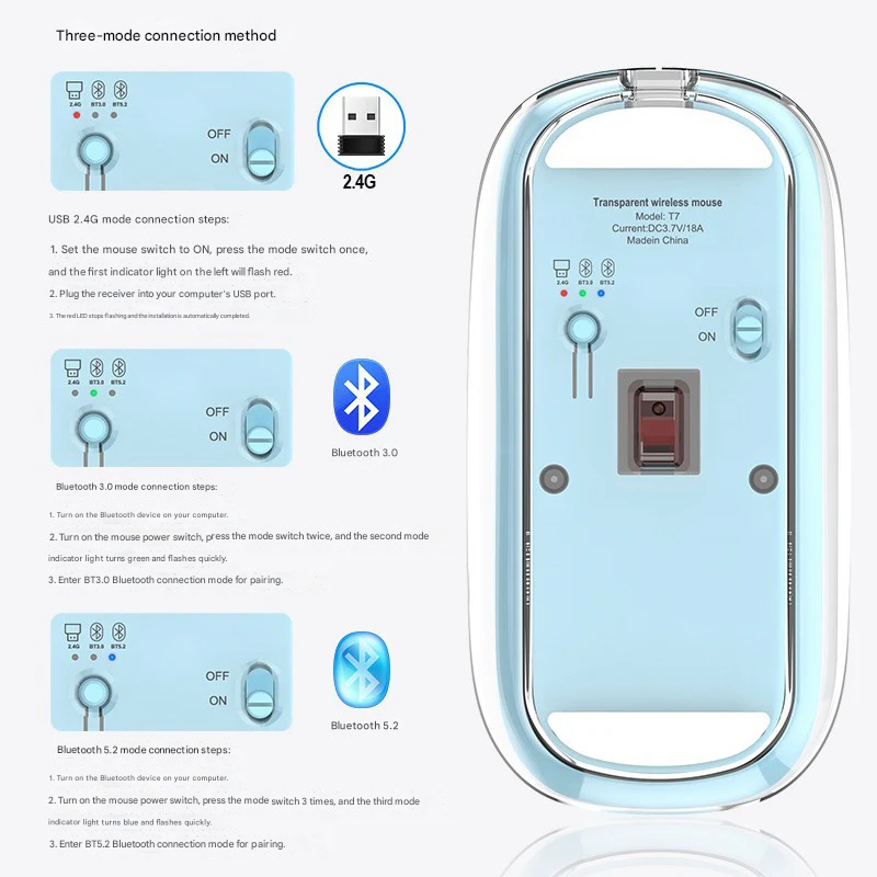 Wireless Bluetooth Optical Mouse - T7, Silent, Ergonomic