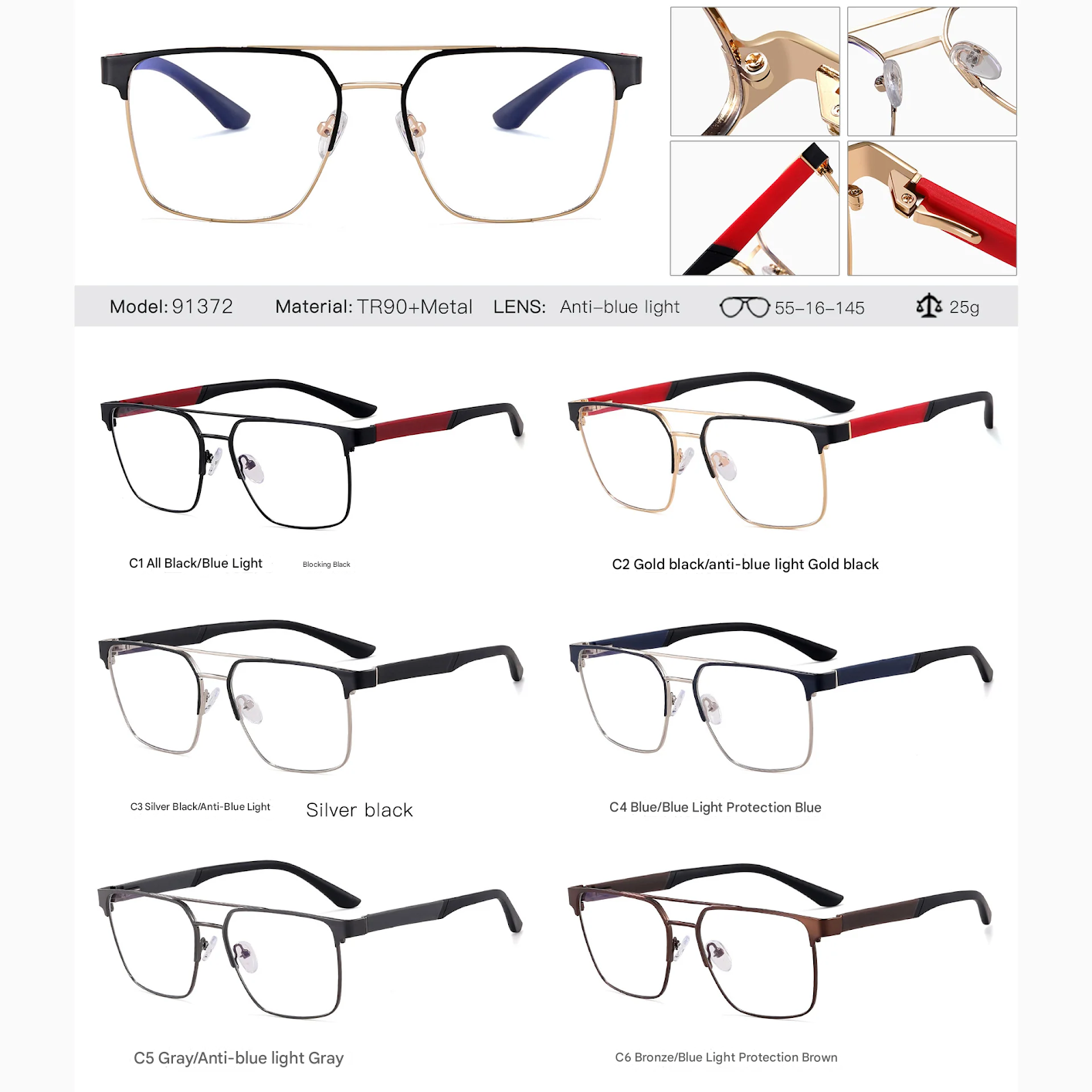 Men’s Metal Frame Anti-Blue Light Myopia Glasses – UV400 Flat Mirror Eyewear
