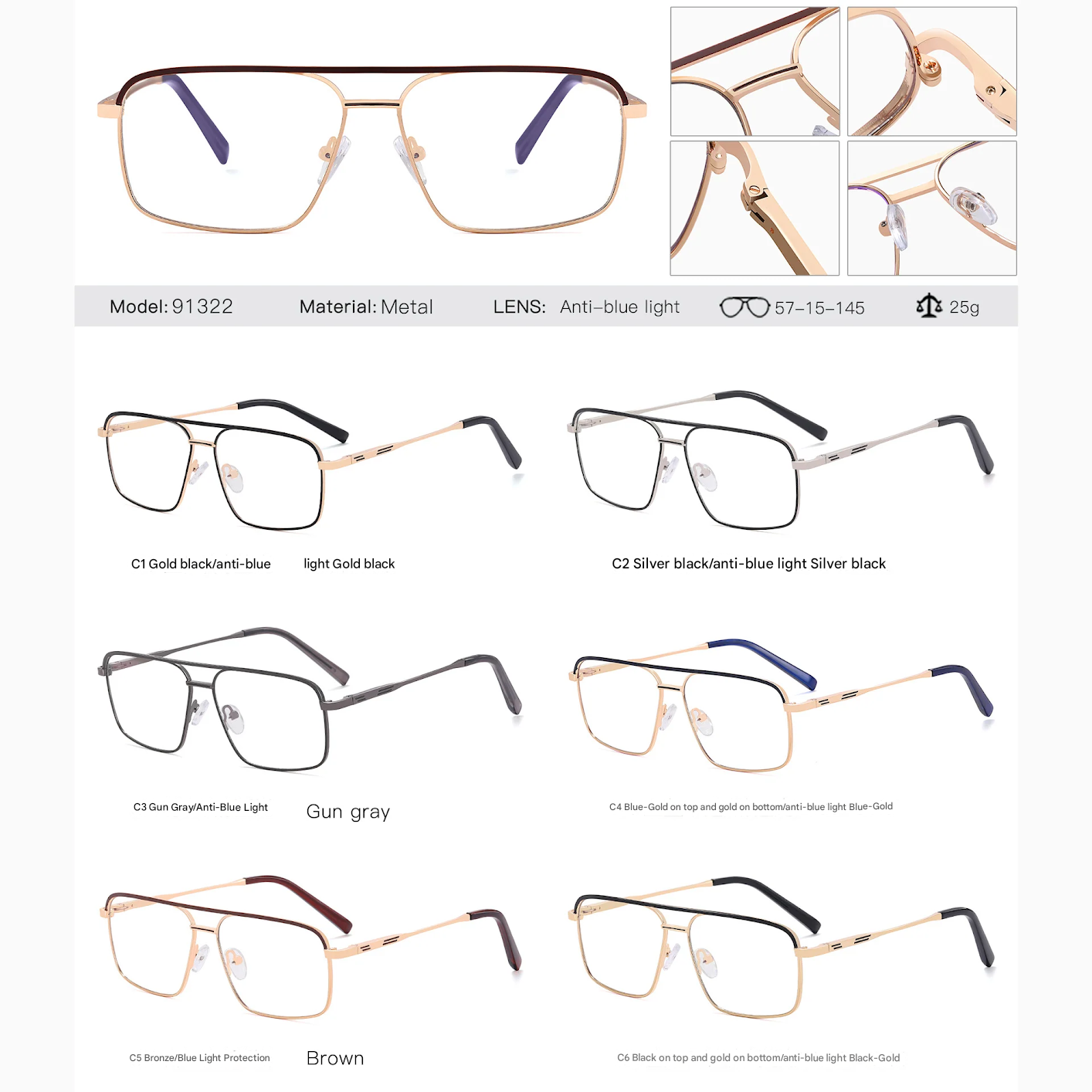 Men’s Double Beam Metal Blue Light Glasses – Business Style Anti-UV Myopia Optical Frames