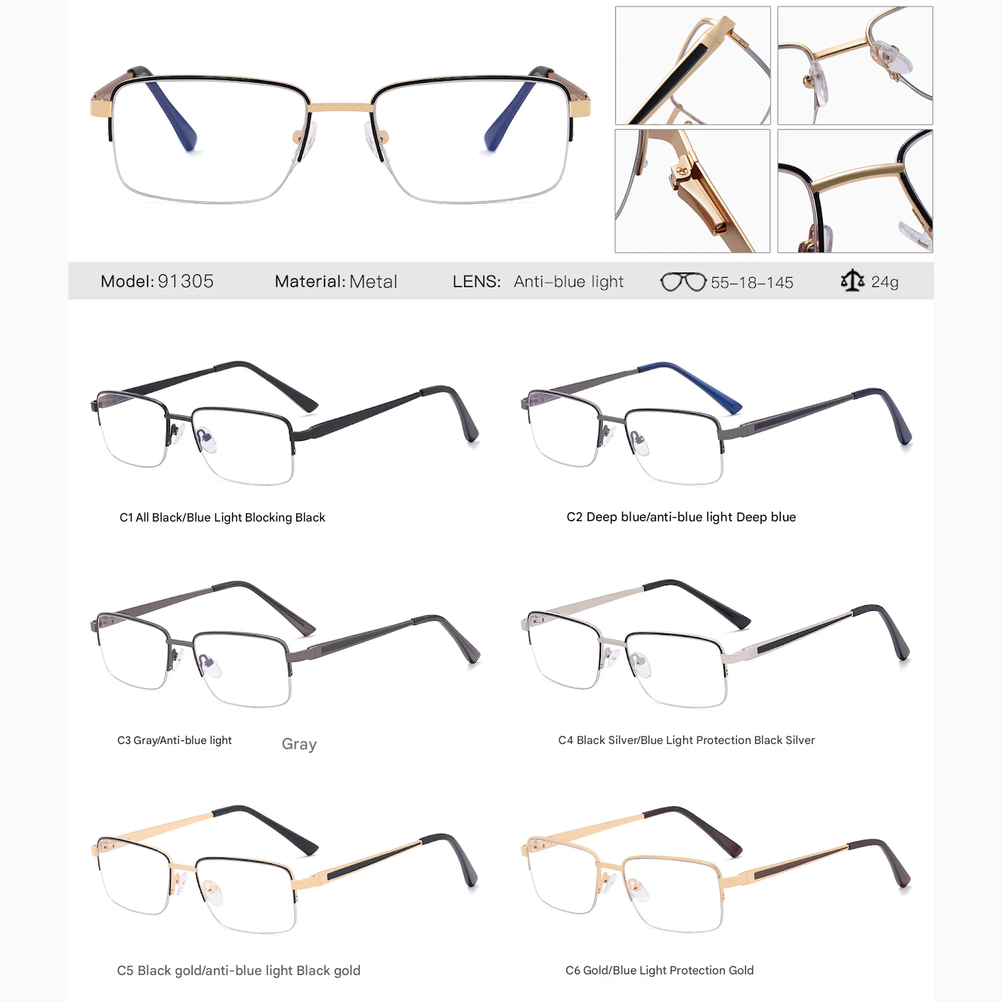 Men’s Half-Frame Blue Light Blocking Glasses – Business Style Myopia Eyewear