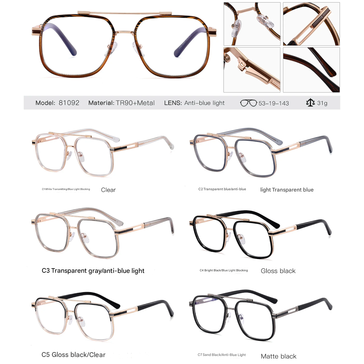 Men’s Polygonal Anti-Blue Light Glasses – Metal Double Beam Frame | Myopia-Ready
