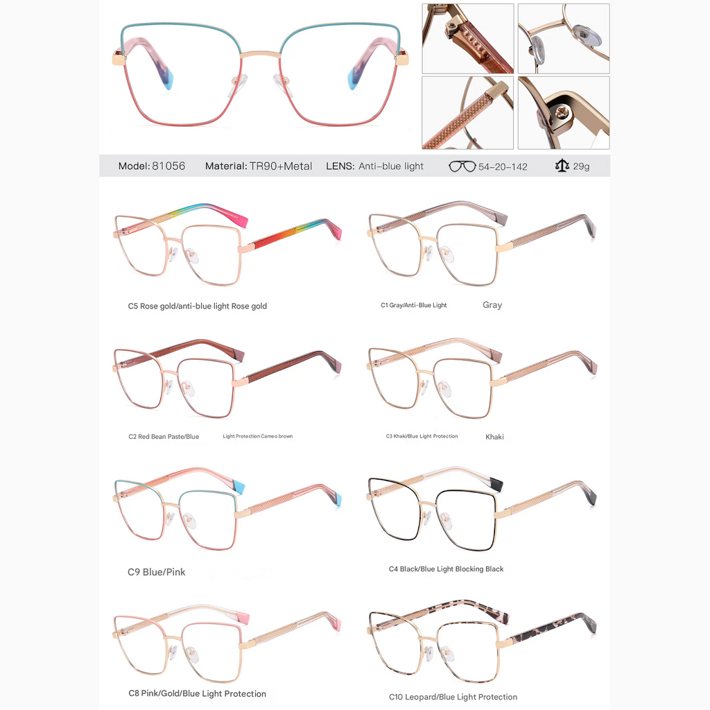Women's Anti-Blue Light Metal Frame Glasses – Stylish Full-Rim Eyewear for Myopia