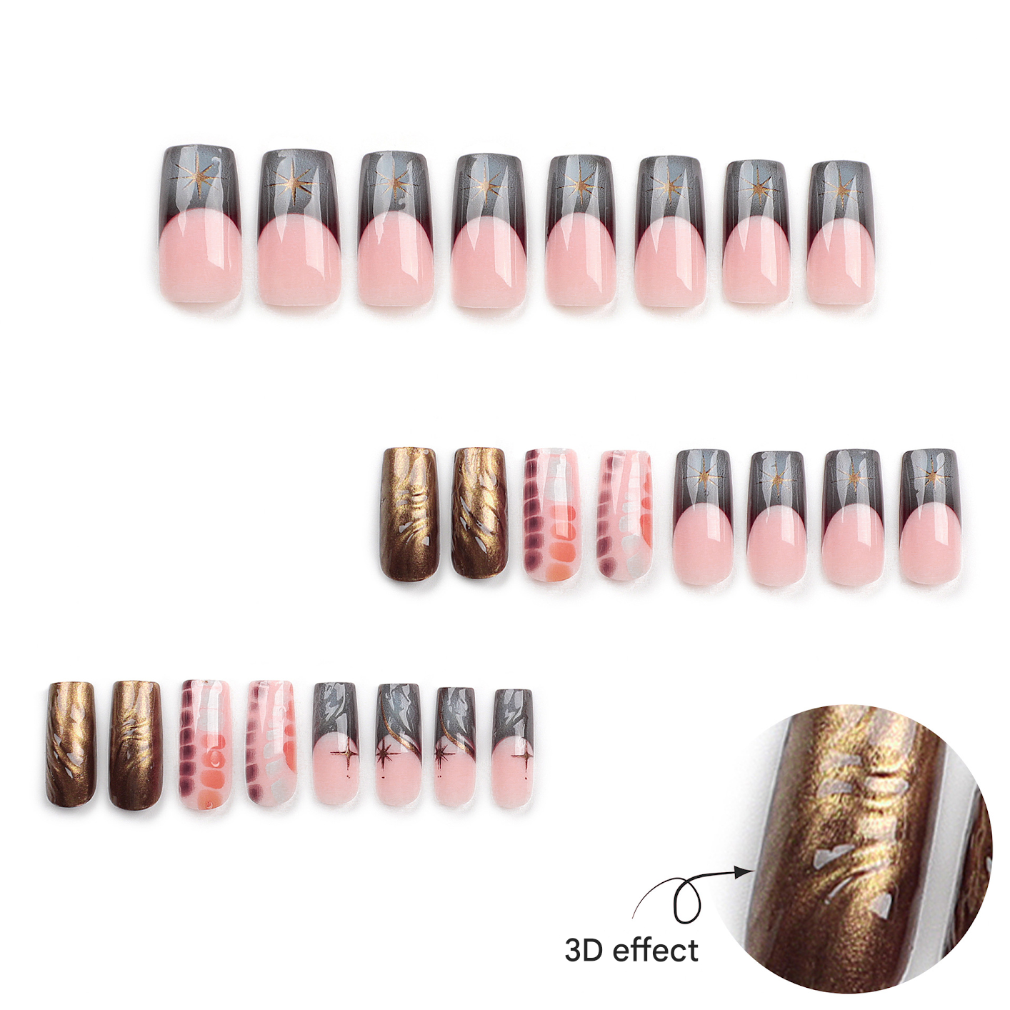 Chrome Starburst Gradient Press-On Nails – Long Coffin Shape, Metallic Swirl Design