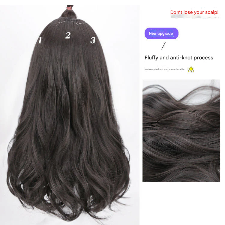 Volumizing Curly Hair Extensions for Women – Three-Piece Seamless Wavy Wig Set (Dark Brown)