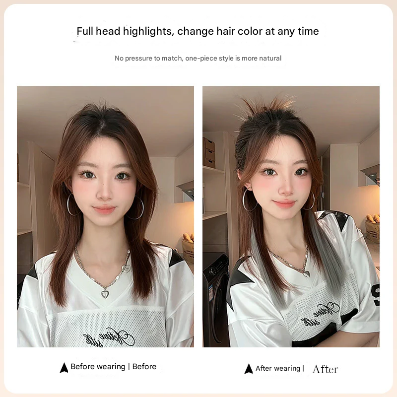 Natural Straight Hair Extensions – Seamless Volumizing Wig in Black & Brown Shades - 50cm long