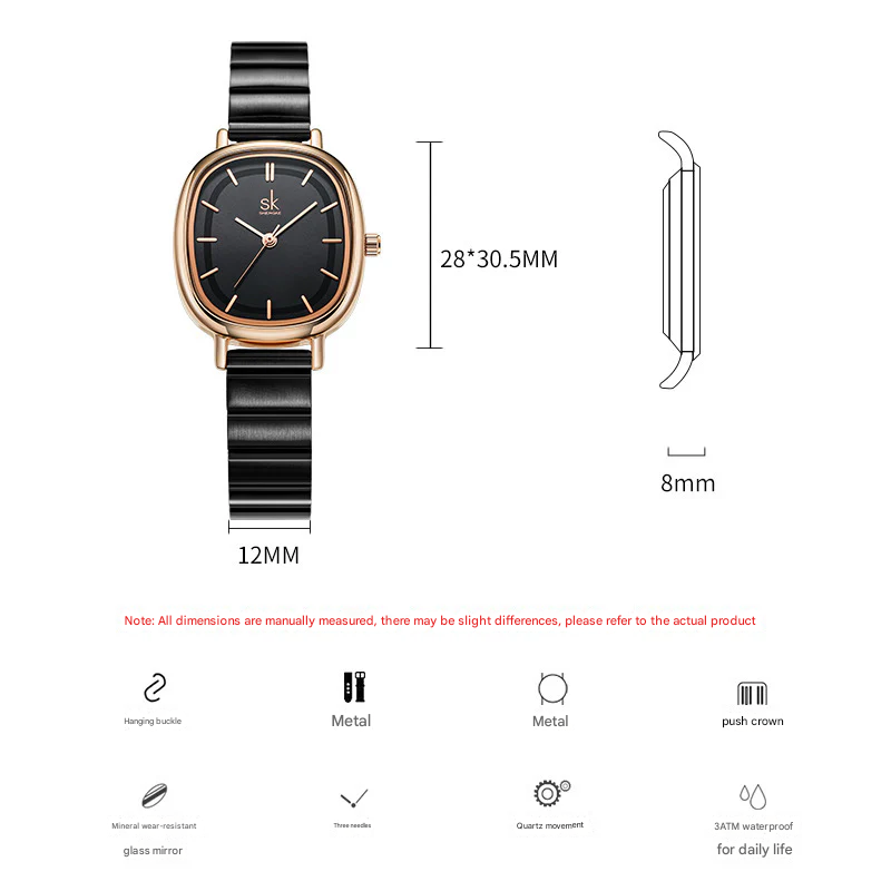 SK Women’s Quartz Watch – Oval Dial, Stainless Steel Strap, 30M Waterproof Wristwatch