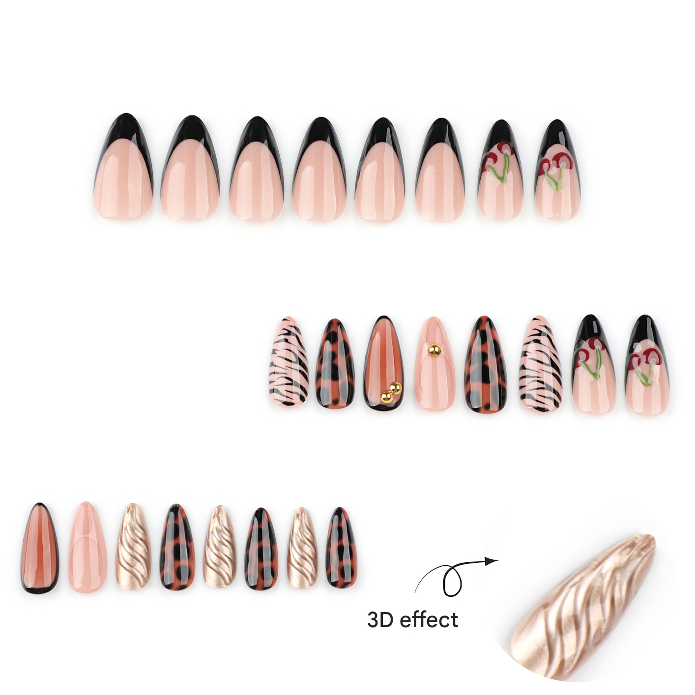 Stiletto Press-On Nails with French Tips & 3D Cherry Design – Trendy Glossy Set