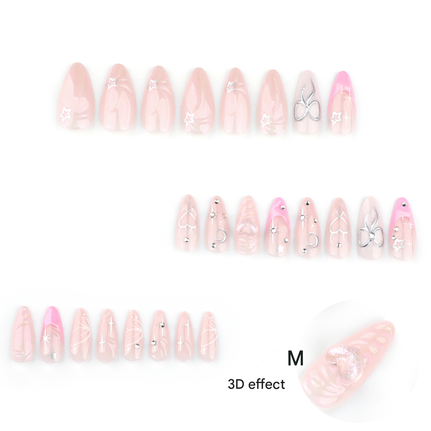 3D Charm Press-On Nails – Pink Almond Glue-On Tips with Celestial Accents