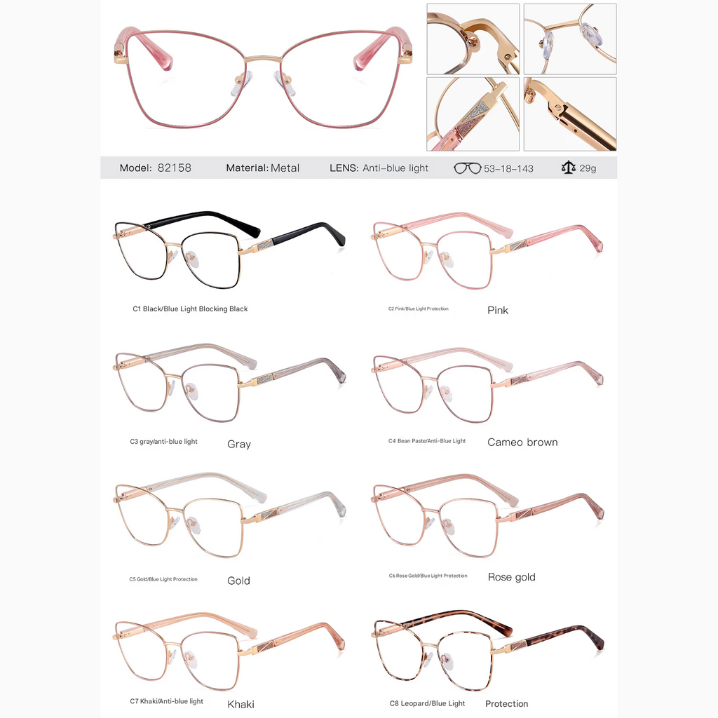 Women’s Square Metal Blue Light Blocking Glasses – Full Frame Anti-UV Eyewear
