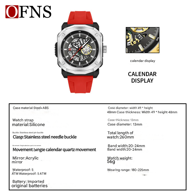 OFNS Men’s Square Quartz Watch – Luminous Hands, Calendar & Waterproof Design