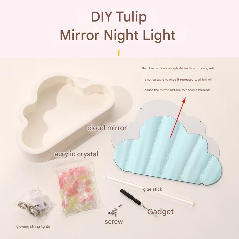 DIY Cloud Tulip Night Light – Handmade Nordic-Style Floral Mirror Lamp with Built-In Battery