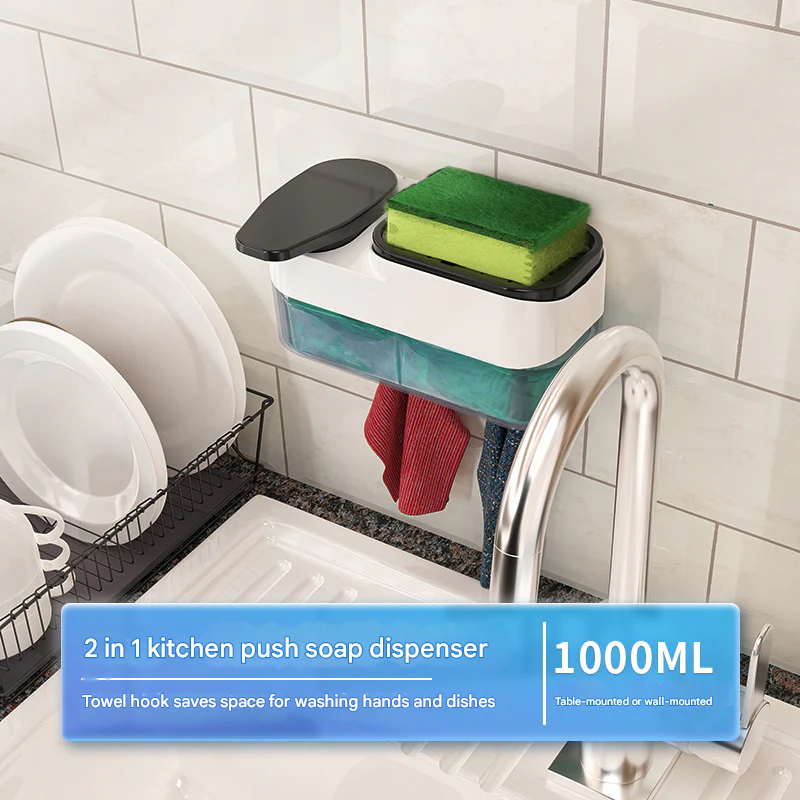 Manual Kitchen Soap Dispenser with Sponge Holder – 1000ml ABS Push Press Box