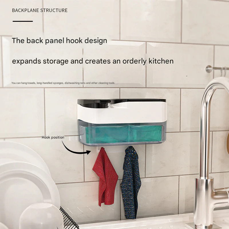 Manual Kitchen Soap Dispenser with Sponge Holder – 1000ml ABS Push Press Box