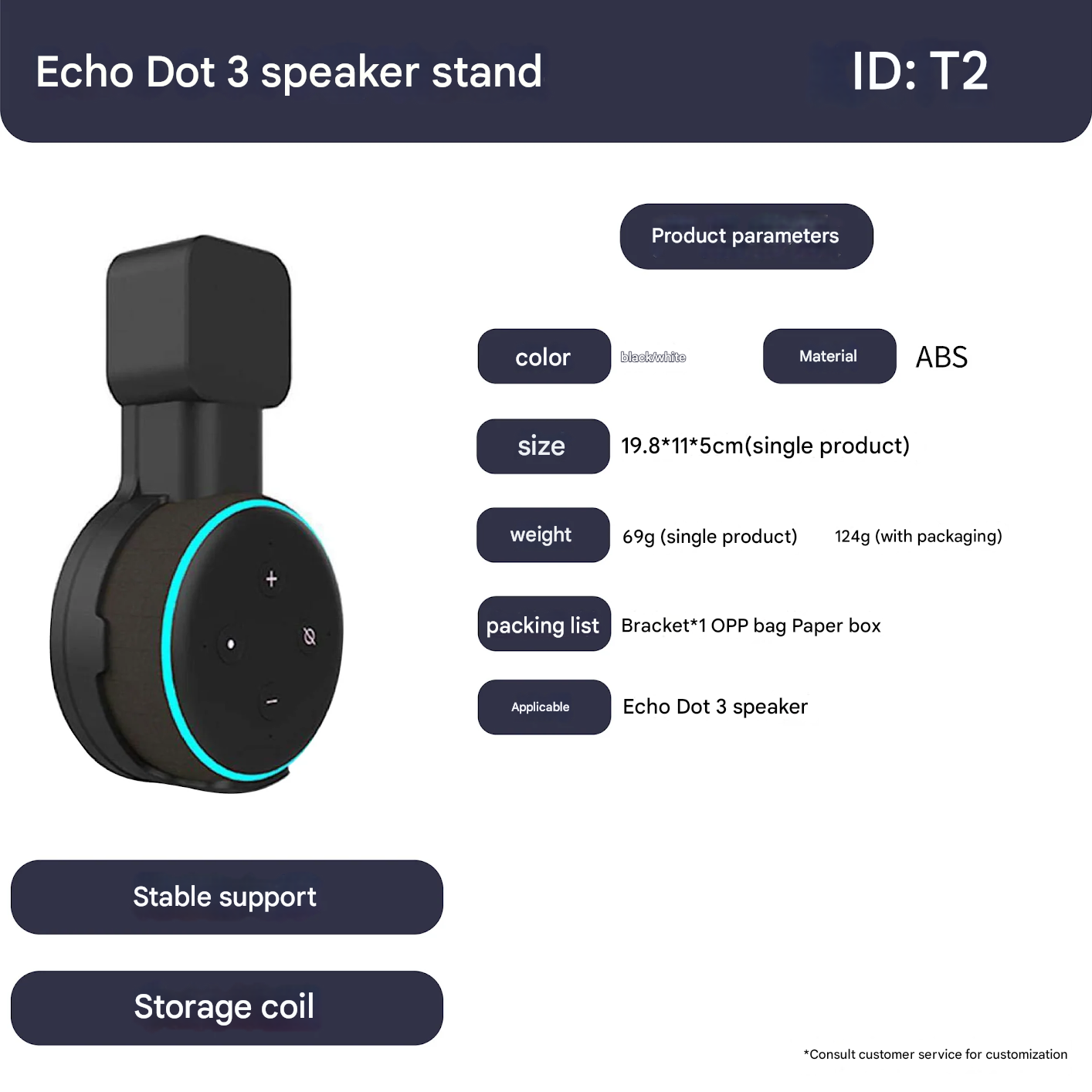 Echo Dot 3 Wall Mount Stand – Smart Speaker Holder (Stand Only, Speaker Not Included)