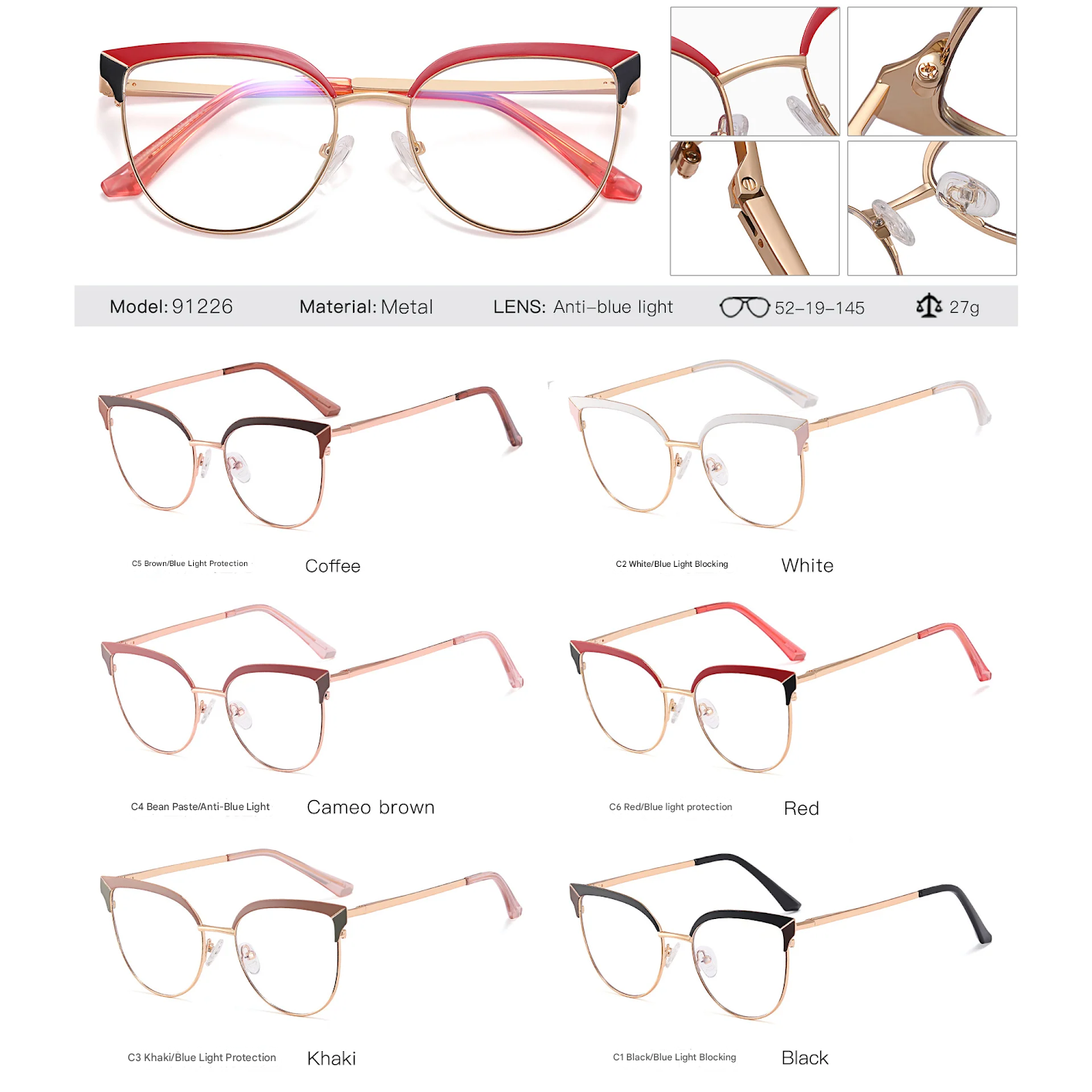 Women's Metal Butterfly Glasses Frame – Anti-Blue Light, Myopia-Ready Eyewear