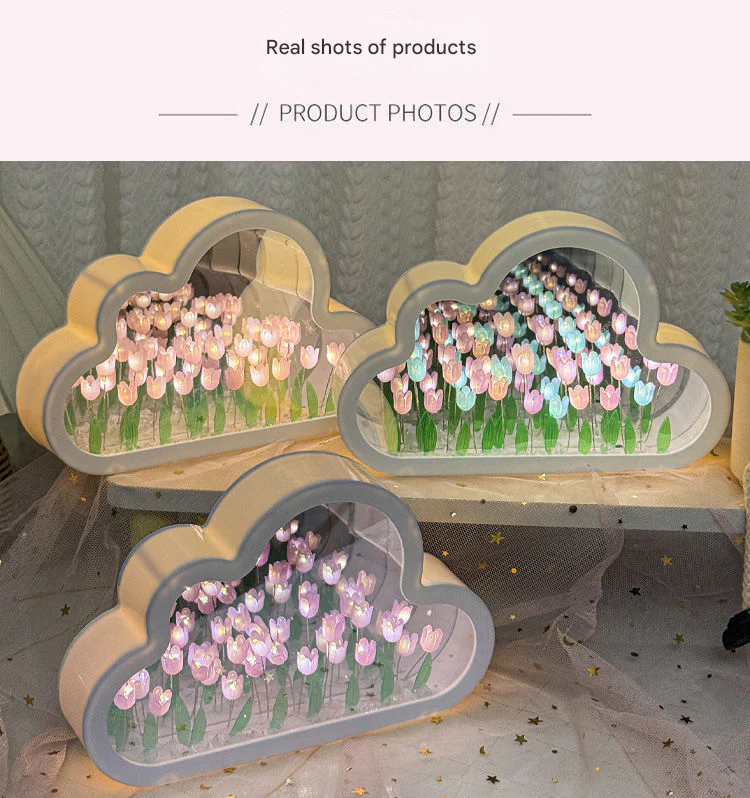 DIY Cloud Tulip Night Light – Handmade Nordic-Style Floral Mirror Lamp with Built-In Battery