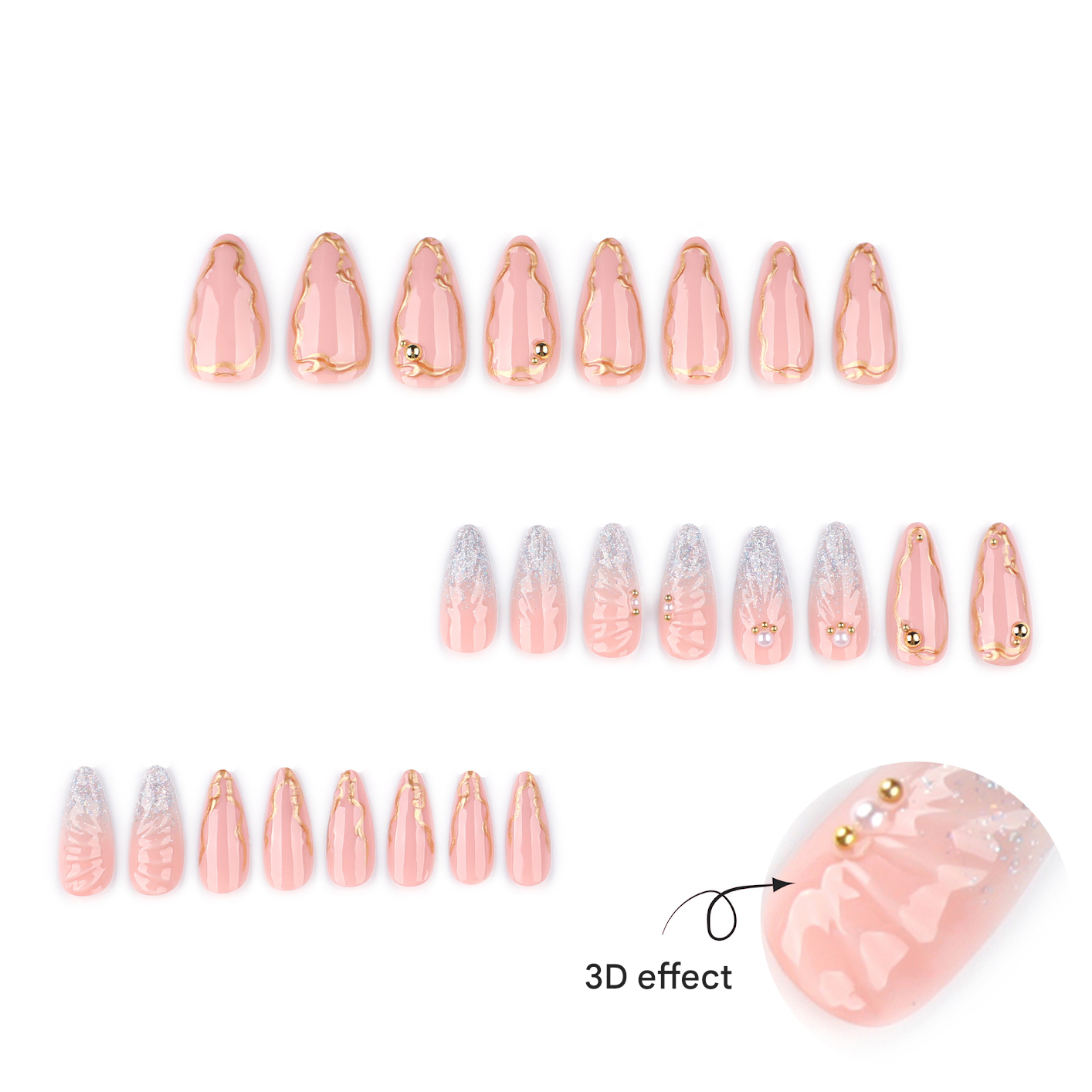 3D Floral Almond Press-On Nails – Elegant Nude White Acrylic Nails