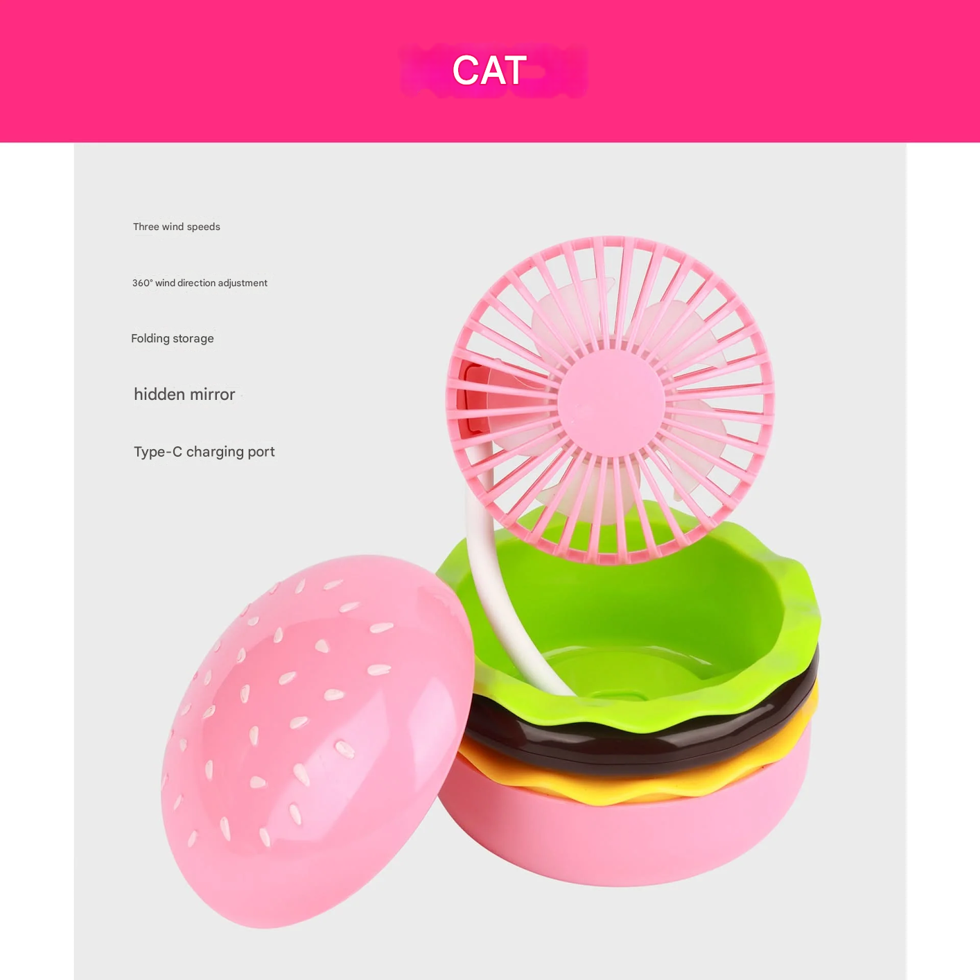 Cute Hamburger Desktop Fan with Beauty Mirror – Portable Mini Fan