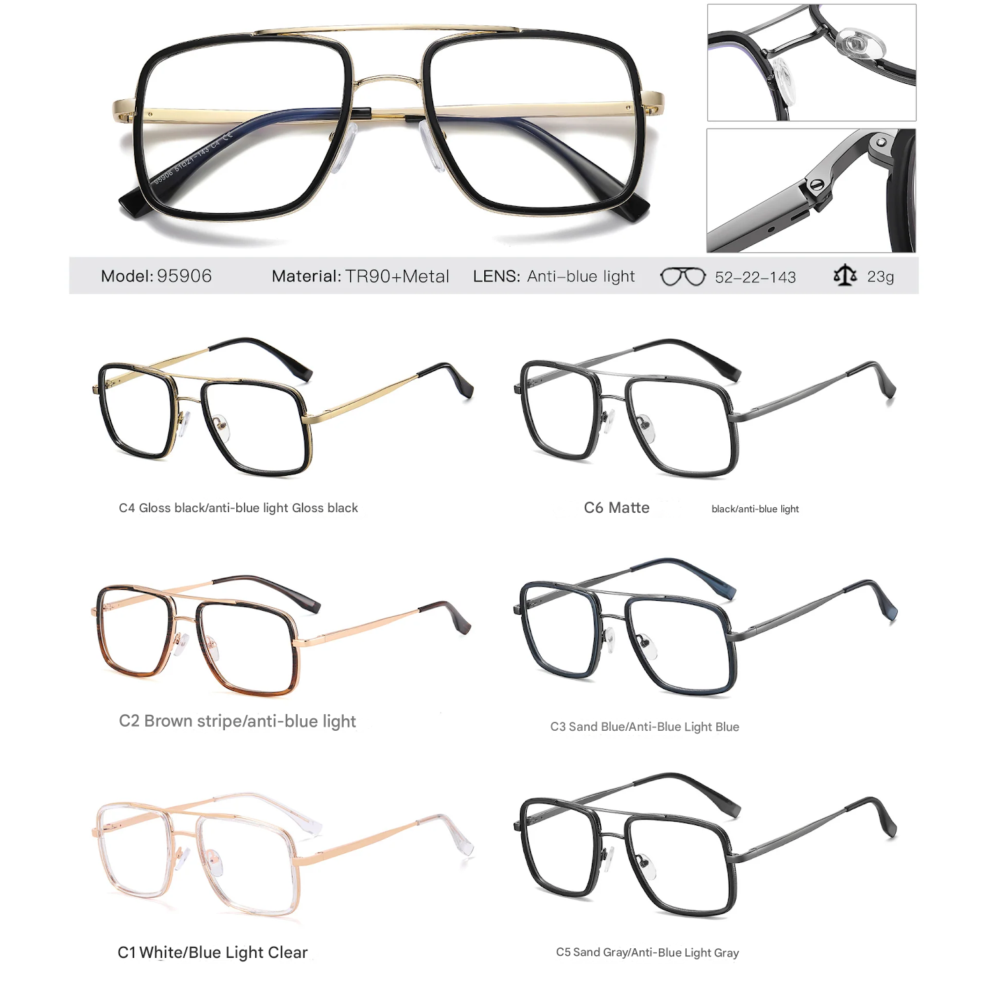 Men’s Square Frame Anti-Blue Light Glasses – Large Optical Flat Mirror UV400