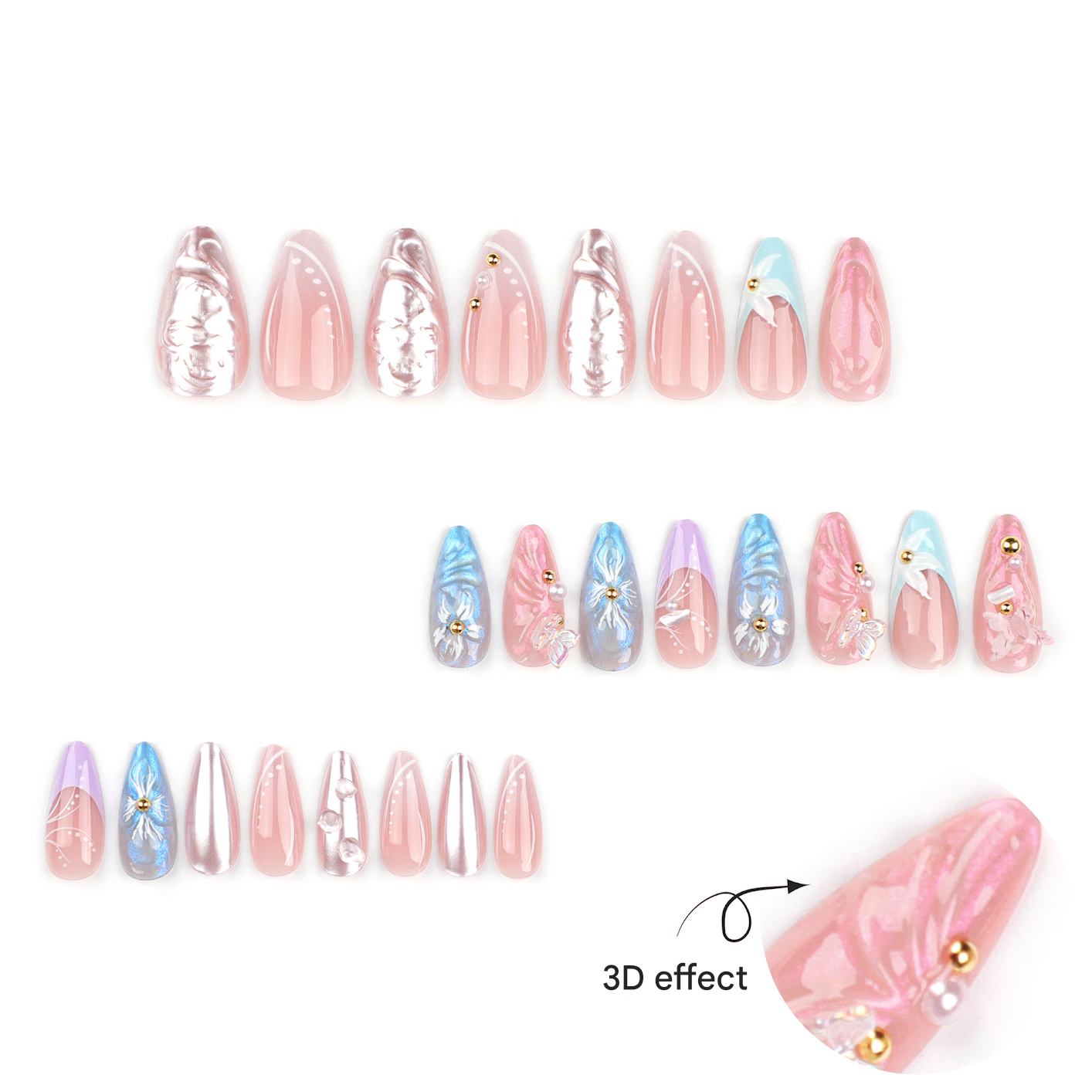 Elegant 3D Floral Stiletto Press-On Nails with Pearls – Long Acrylic Glue-On Nail Art