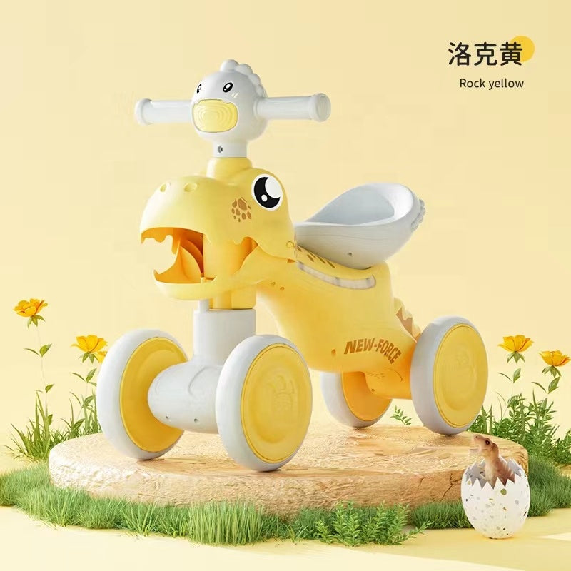 Kids Dinosaur Balance Bike 4 Wheels with Music and Lights Yellow