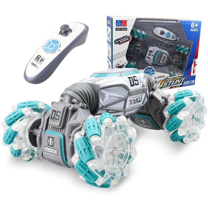 Powerextra Remote Control Stunt Car with Gesture Sensor 4WD Double Side 360 Flip Car Blue